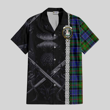 Paterson Tartan Short Sleeve Button Shirt with Family Crest Cross Sword Thistle Celtic Vibes