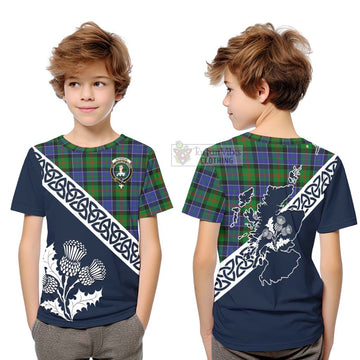 Paterson Tartan Kid T-Shirt Featuring Thistle and Scotland Map