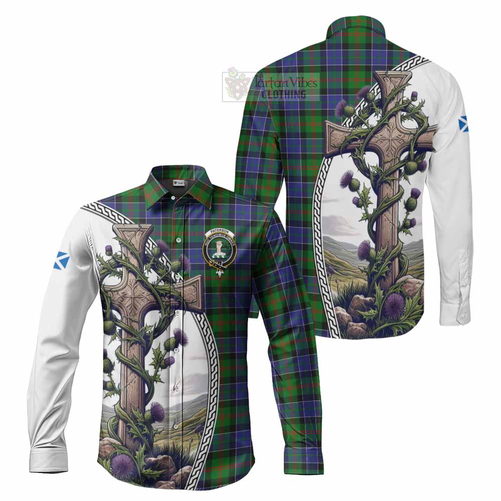 Tartan Vibes Clothing Paterson Tartan Long Sleeve Button Shirt with Family Crest and St. Andrew's Cross Accented by Thistle Vines