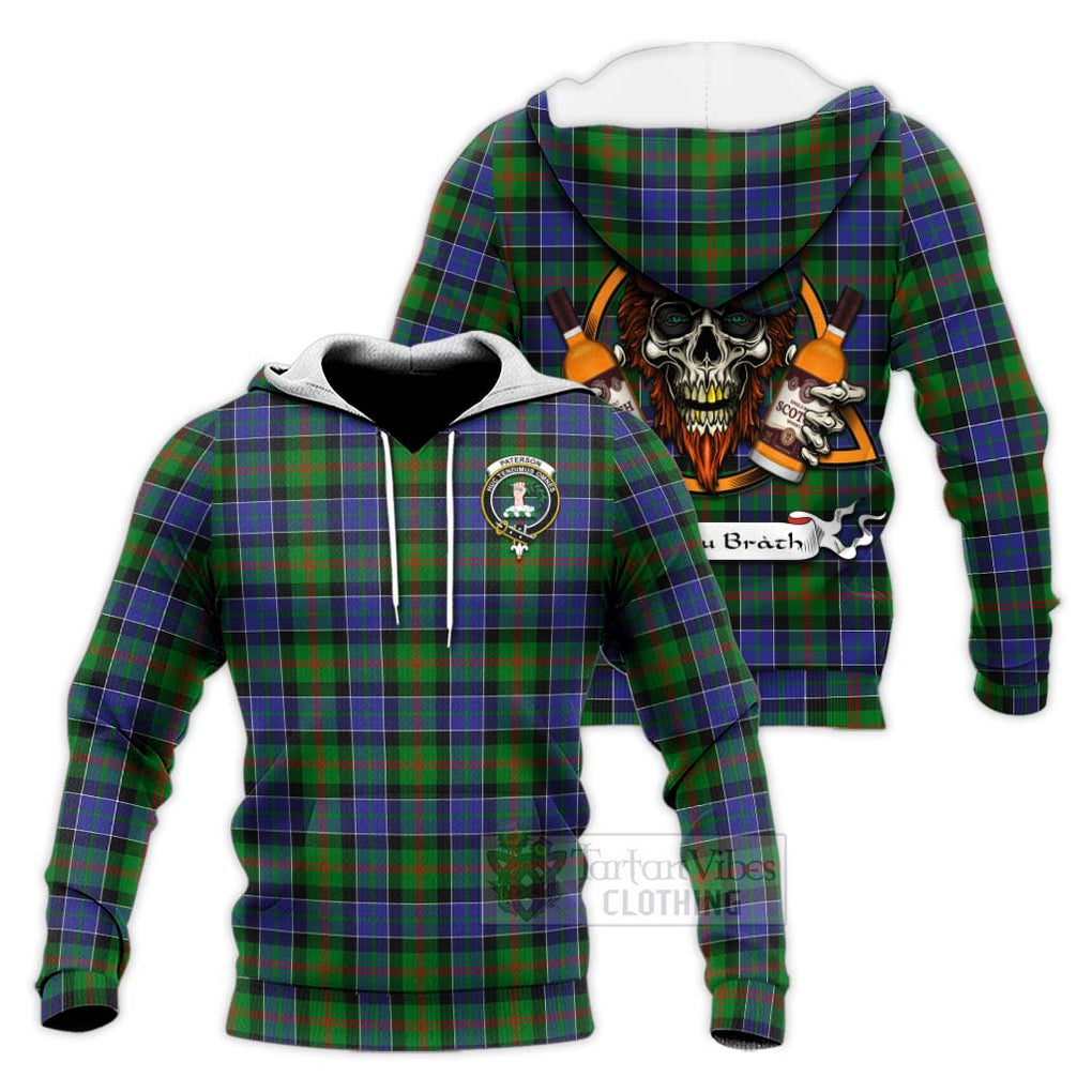 Tartan Vibes Clothing Paterson Tartan Knitted Hoodie with Family Crest and Bearded Skull Holding Bottles of Whiskey