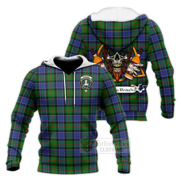 Paterson Tartan Knitted Hoodie with Family Crest and Bearded Skull Holding Bottles of Whiskey