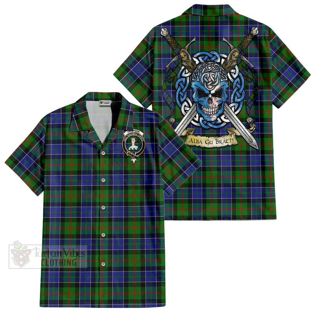 Tartan Vibes Clothing Paterson Tartan Short Sleeve Button Shirt with Family Crest Celtic Skull Style