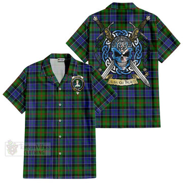 Paterson Tartan Short Sleeve Button Shirt with Family Crest Celtic Skull Style