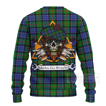 Paterson Tartan Ugly Sweater with Family Crest and Bearded Skull Holding Bottles of Whiskey