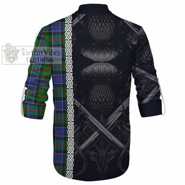 Paterson Tartan Ghillie Kilt Shirt with Family Crest Cross Sword Thistle Celtic Vibes