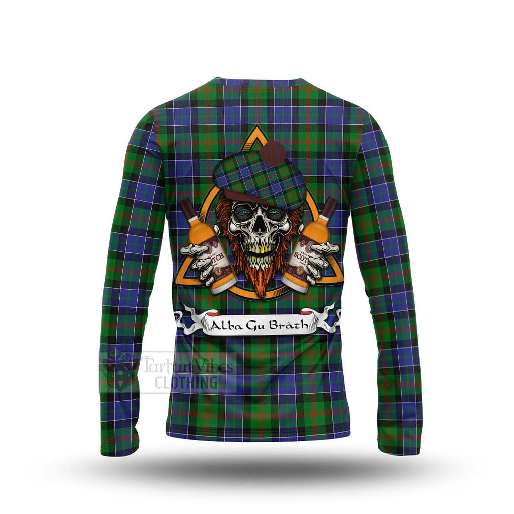 Tartan Vibes Clothing Paterson Tartan Long Sleeve T-Shirt with Family Crest and Bearded Skull Holding Bottles of Whiskey