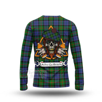 Paterson Tartan Long Sleeve T-Shirt with Family Crest and Bearded Skull Holding Bottles of Whiskey