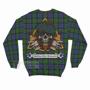 Paterson Tartan Sweatshirt with Family Crest and Bearded Skull Holding Bottles of Whiskey