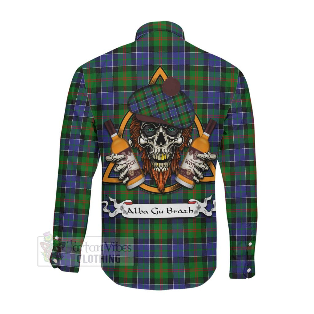 Tartan Vibes Clothing Paterson Tartan Long Sleeve Button Shirt with Family Crest and Bearded Skull Holding Bottles of Whiskey