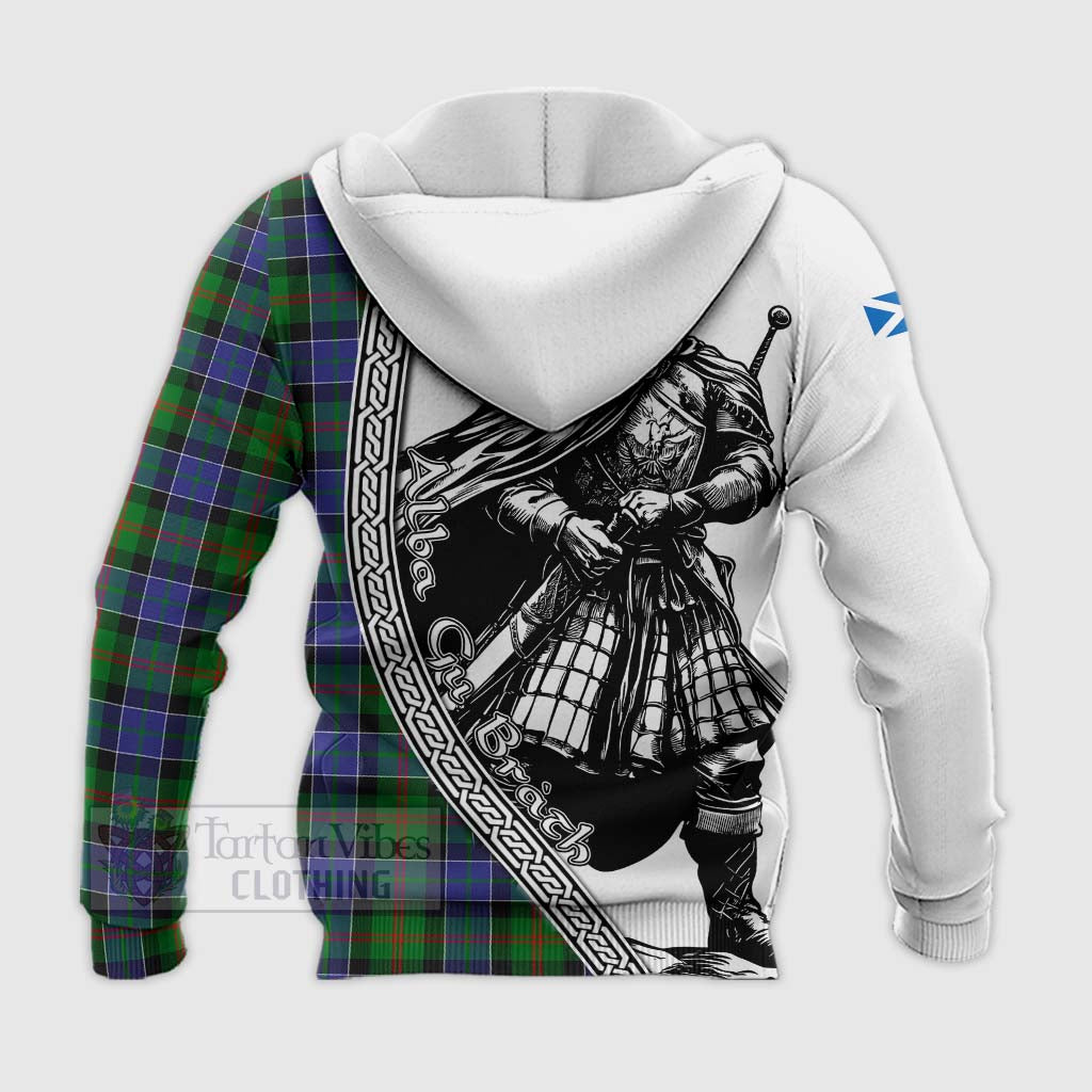 Tartan Vibes Clothing Paterson Tartan Clan Crest Knitted Hoodie with Highlander Warrior Celtic Style