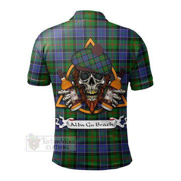 Paterson Tartan Polo Shirt with Family Crest and Bearded Skull Holding Bottles of Whiskey