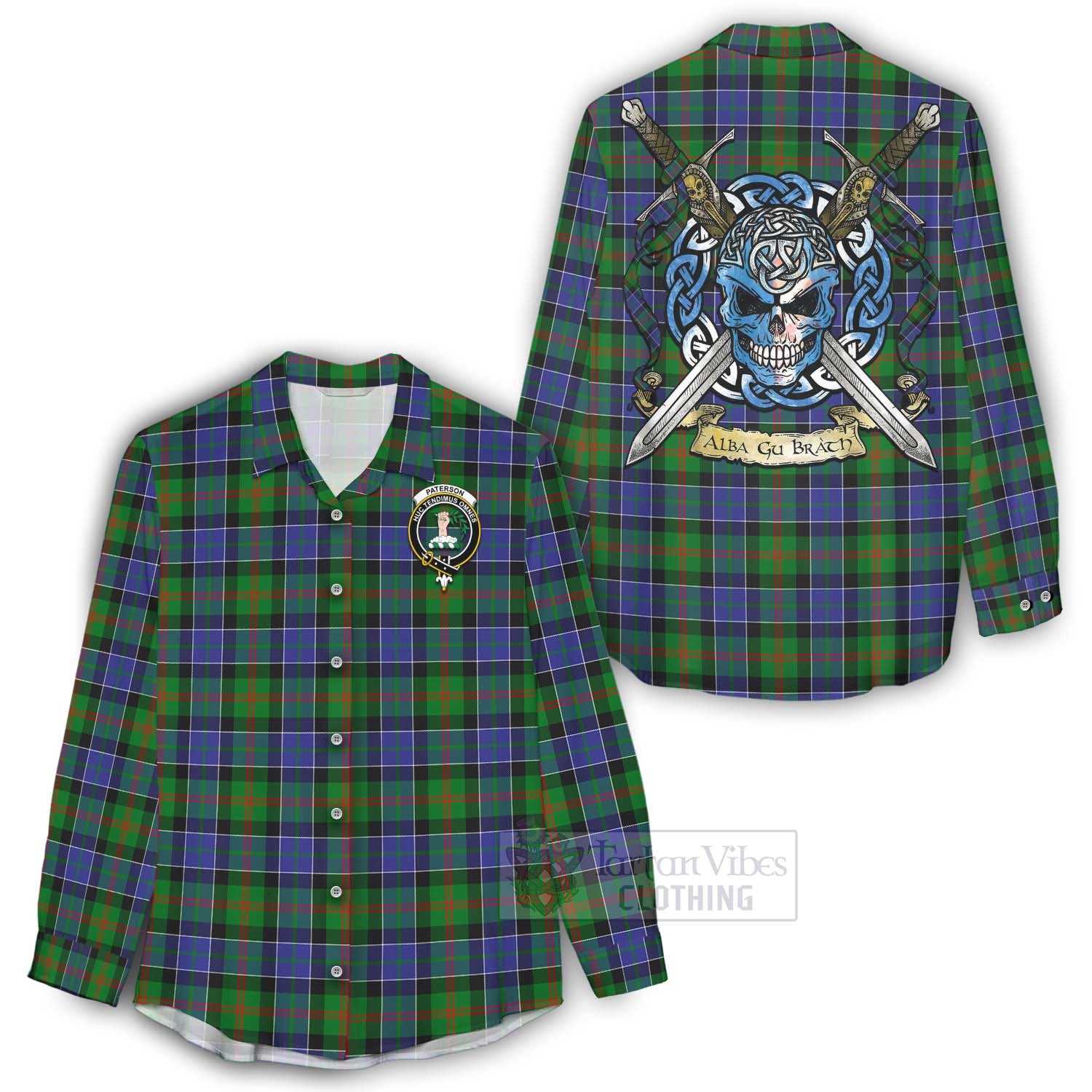 Tartan Vibes Clothing Paterson Tartan Women's Casual Shirt with Family Crest Celtic Skull Style