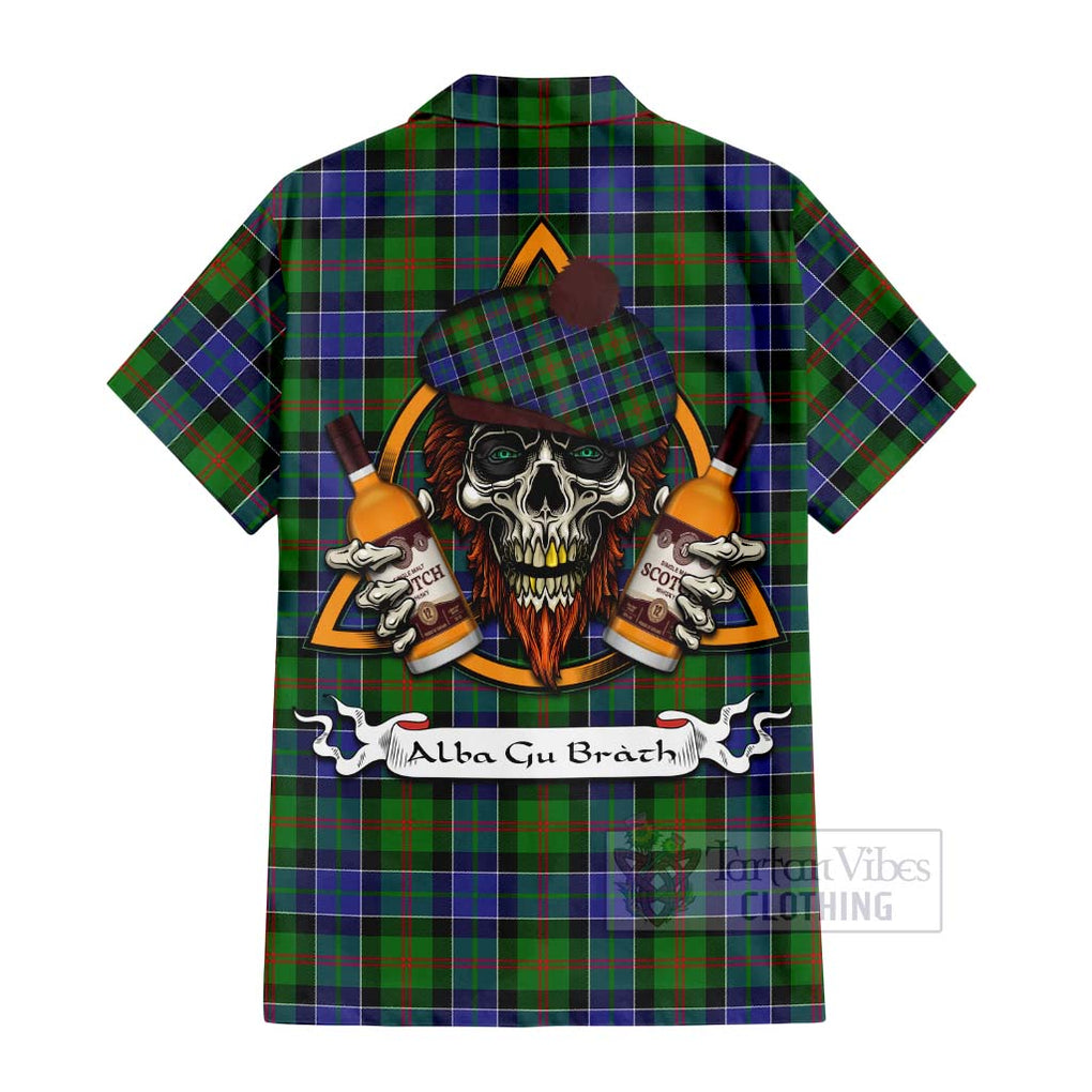 Tartan Vibes Clothing Paterson Tartan Short Sleeve Button Shirt with Family Crest and Bearded Skull Holding Bottles of Whiskey