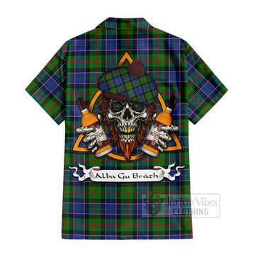 Paterson Tartan Short Sleeve Button Shirt with Family Crest and Bearded Skull Holding Bottles of Whiskey