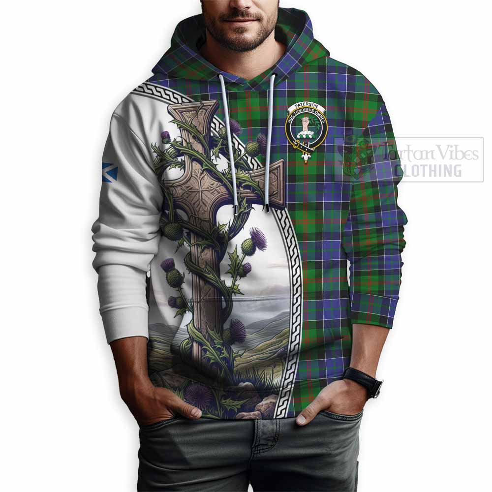 Tartan Vibes Clothing Paterson Tartan Hoodie with Family Crest and St. Andrew's Cross Accented by Thistle Vines