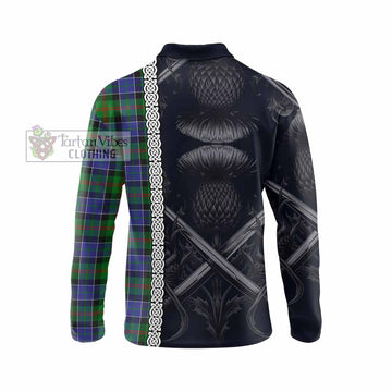 Paterson Tartan Long Sleeve Polo Shirt with Family Crest Cross Sword Thistle Celtic Vibes