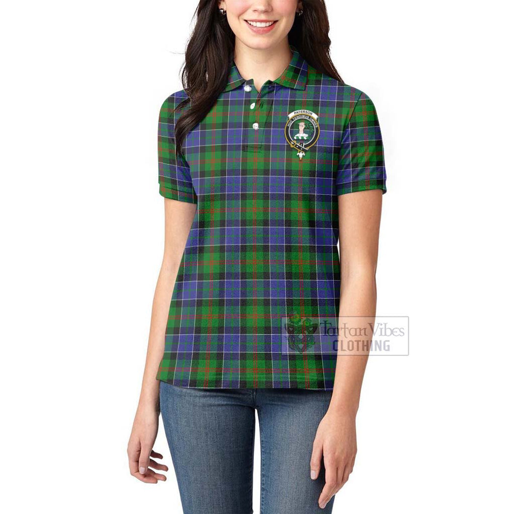 Tartan Vibes Clothing Paterson Tartan Women's Polo Shirt with Family Crest and Bearded Skull Holding Bottles of Whiskey