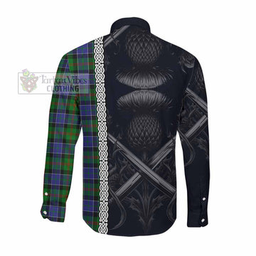 Paterson Tartan Long Sleeve Button Shirt with Family Crest Cross Sword Thistle Celtic Vibes