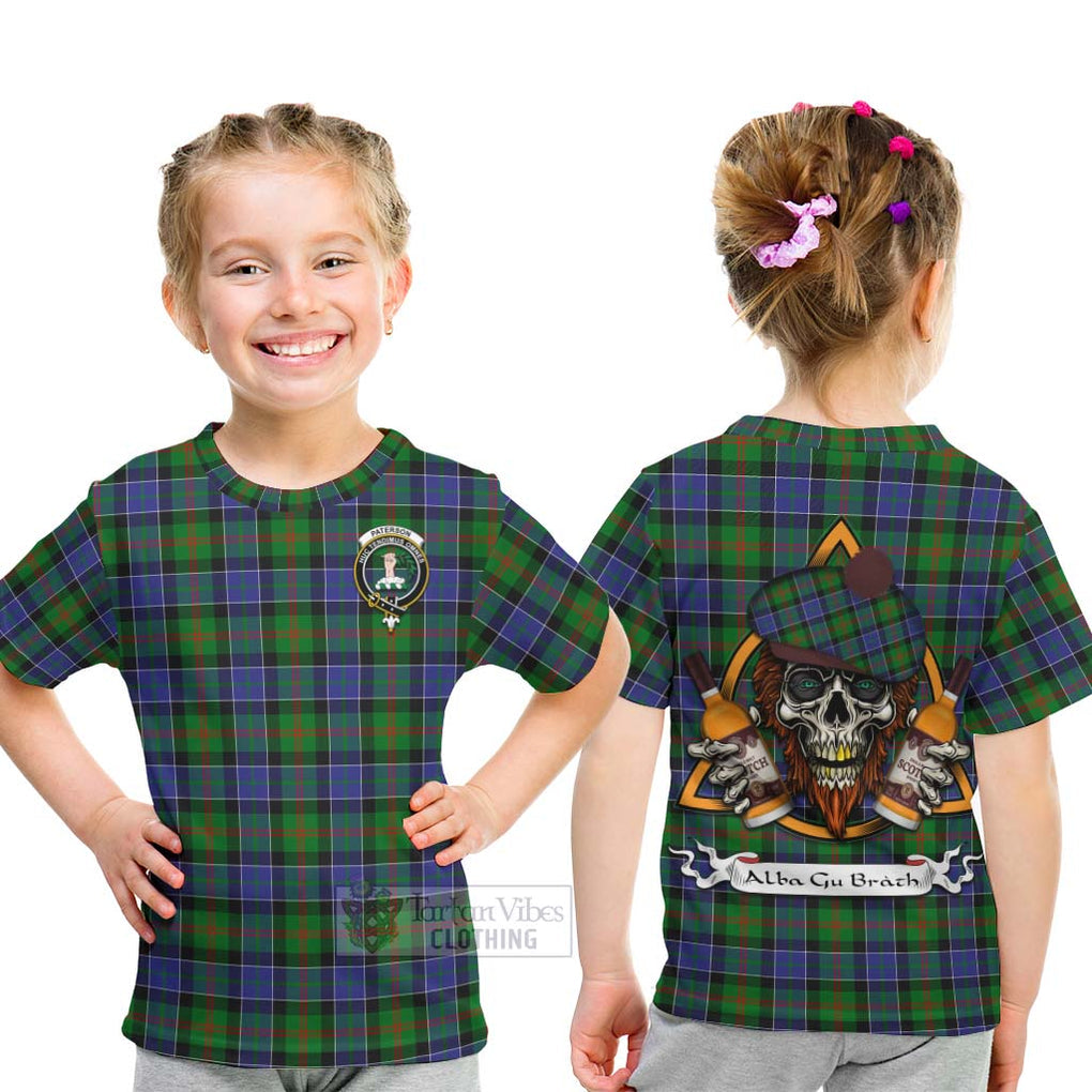 Tartan Vibes Clothing Paterson Tartan Kid T-Shirt with Family Crest and Bearded Skull Holding Bottles of Whiskey