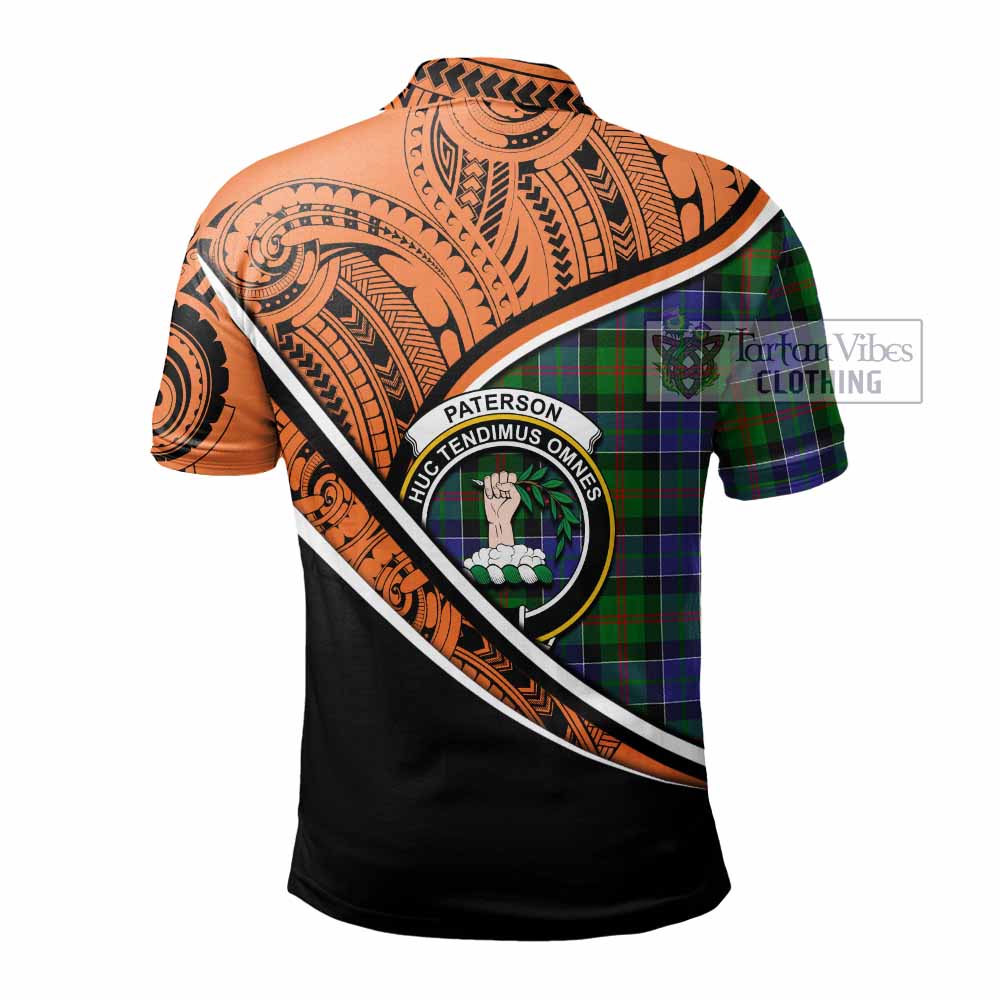 Tartan Vibes Clothing Paterson Crest Tartan Polo Shirt with Maori Tattoo Style - Orange Version