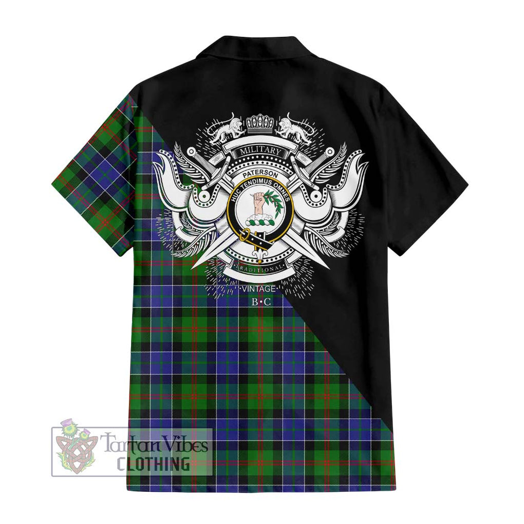 Paterson Tartan Short Sleeve Button Shirt with Family Crest and Military Logo Style - Tartanvibesclothing Shop