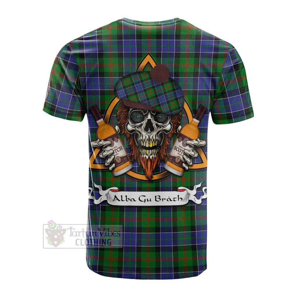 Tartan Vibes Clothing Paterson Tartan Cotton T-shirt with Family Crest and Bearded Skull Holding Bottles of Whiskey