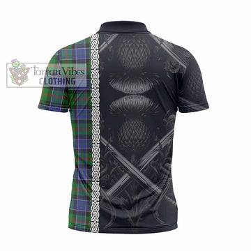 Paterson Tartan Zipper Polo Shirt with Family Crest Cross Sword Thistle Celtic Vibes