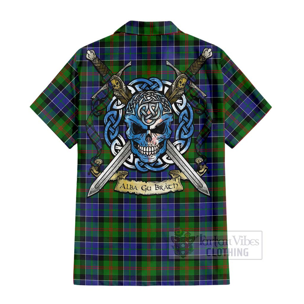 Tartan Vibes Clothing Paterson Tartan Short Sleeve Button Shirt with Family Crest Celtic Skull Style