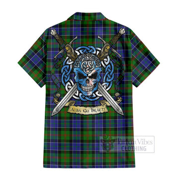 Paterson Tartan Short Sleeve Button Shirt with Family Crest Celtic Skull Style