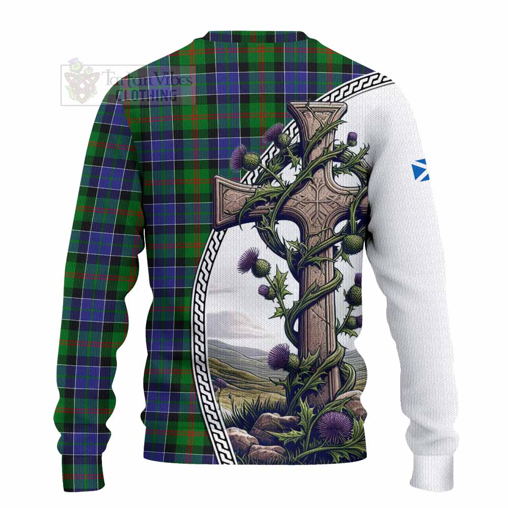 Tartan Vibes Clothing Paterson Tartan Knitted Sweater with Family Crest and St. Andrew's Cross Accented by Thistle Vines