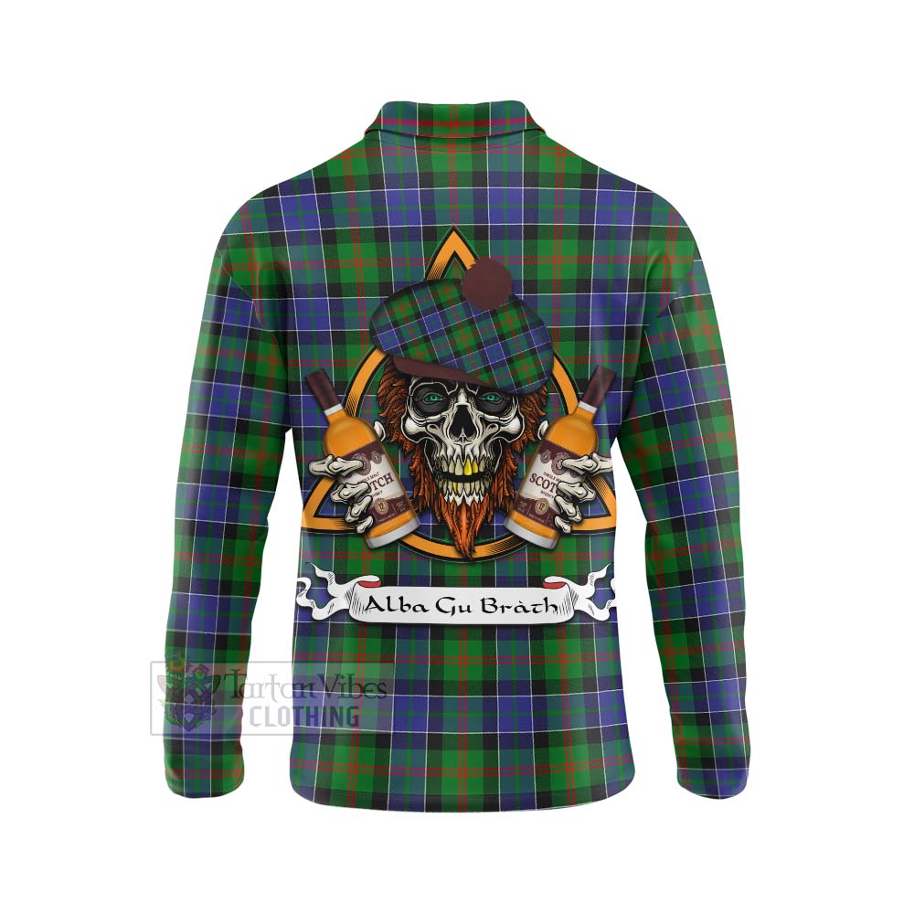 Tartan Vibes Clothing Paterson Tartan Long Sleeve Polo Shirt with Family Crest and Bearded Skull Holding Bottles of Whiskey