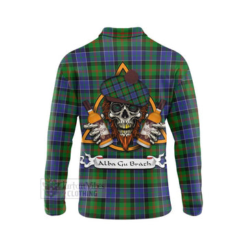 Paterson Tartan Long Sleeve Polo Shirt with Family Crest and Bearded Skull Holding Bottles of Whiskey