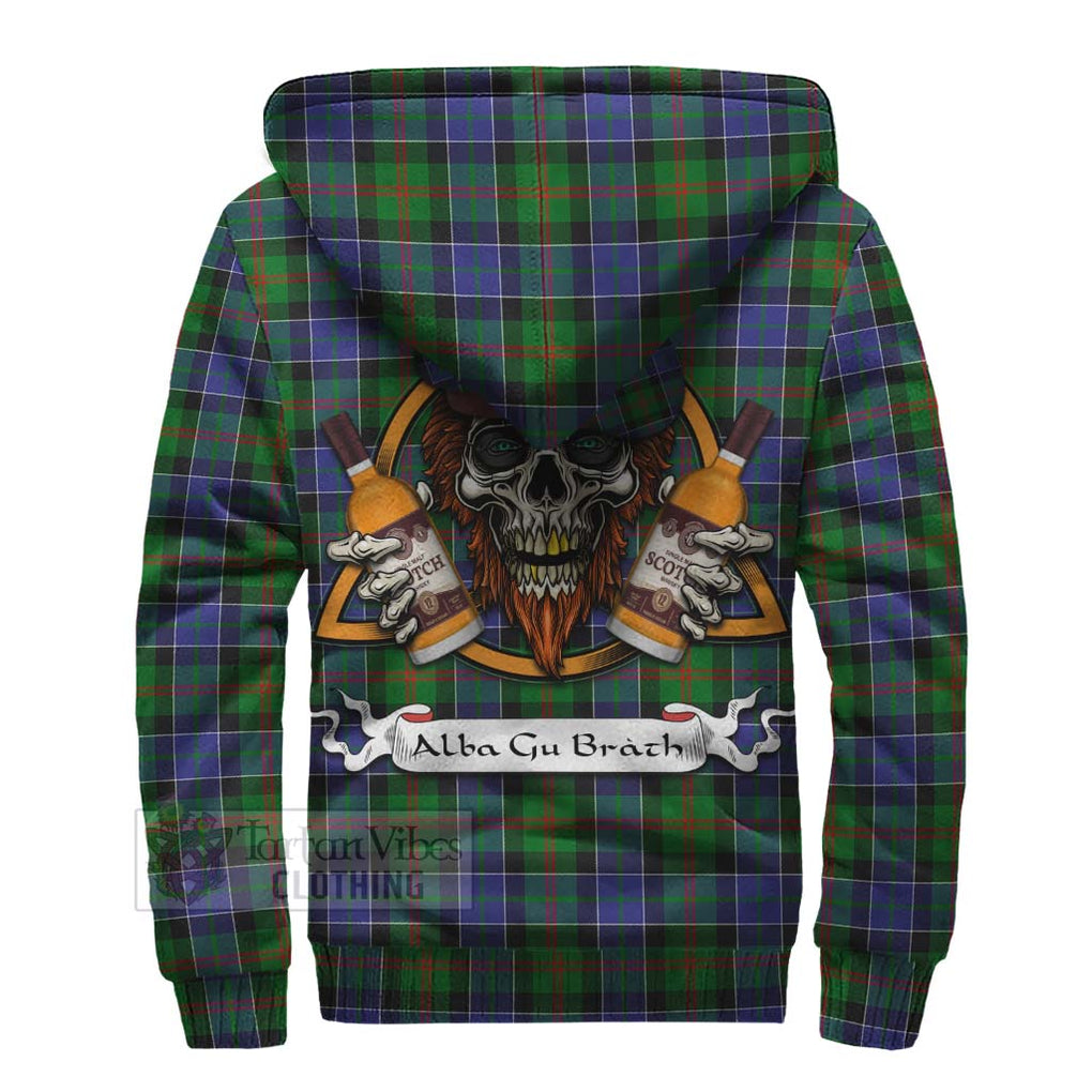 Tartan Vibes Clothing Paterson Tartan Sherpa Hoodie with Family Crest and Bearded Skull Holding Bottles of Whiskey