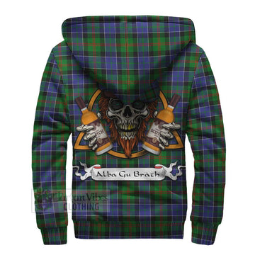 Paterson Tartan Sherpa Hoodie with Family Crest and Bearded Skull Holding Bottles of Whiskey