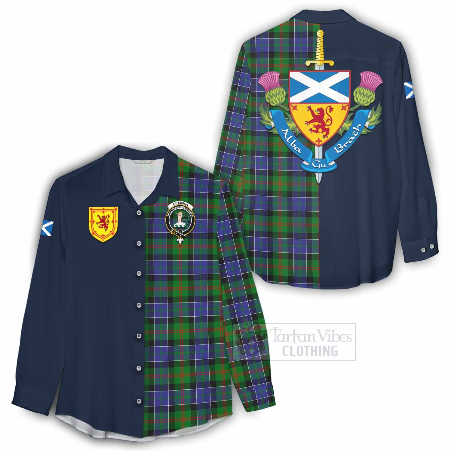 Tartan Vibes Clothing Paterson Tartan Women's Casual Shirt Alba with Scottish Lion Royal Arm Half Style