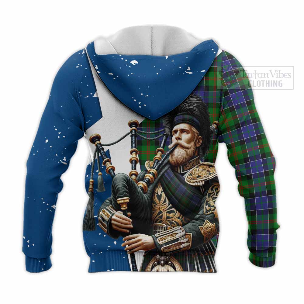 Tartan Vibes Clothing Paterson Tartan Knitted Hoodie with Family Crest Scottish Bagpiper Vibes