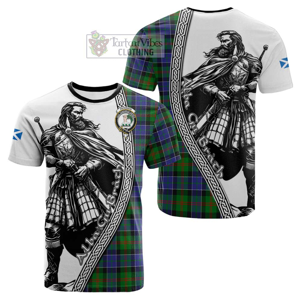 Paterson Tartan Clan Crest Cotton T-shirt with Highlander Warrior Celtic Style