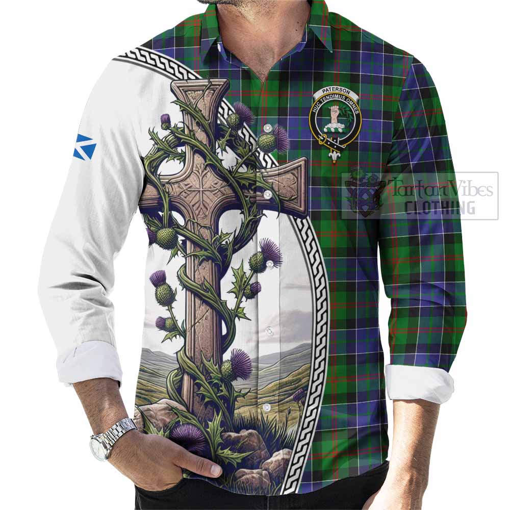 Tartan Vibes Clothing Paterson Tartan Long Sleeve Button Shirt with Family Crest and St. Andrew's Cross Accented by Thistle Vines