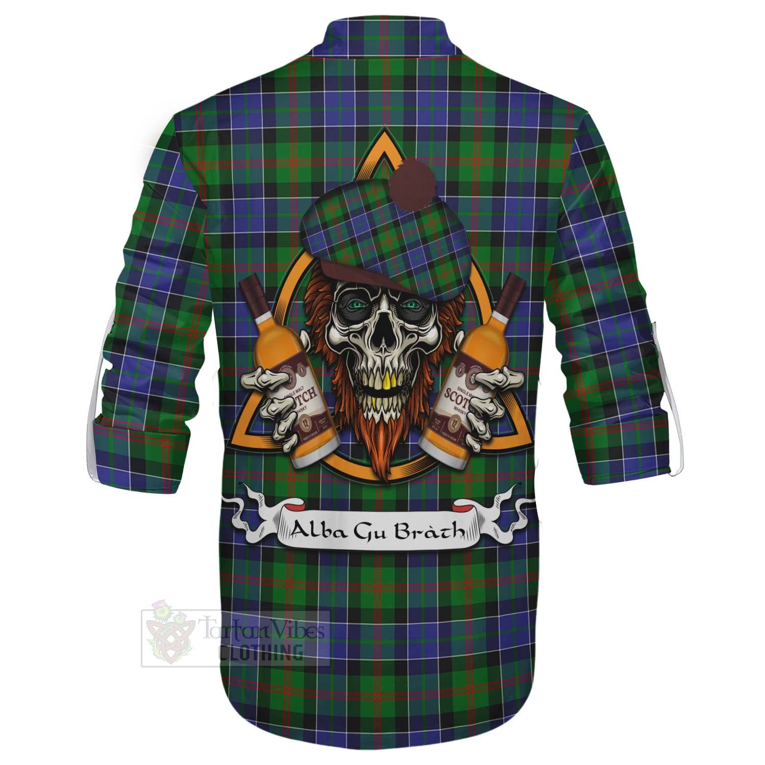 Tartan Vibes Clothing Paterson Tartan Ghillie Kilt Shirt with Family Crest and Bearded Skull Holding Bottles of Whiskey