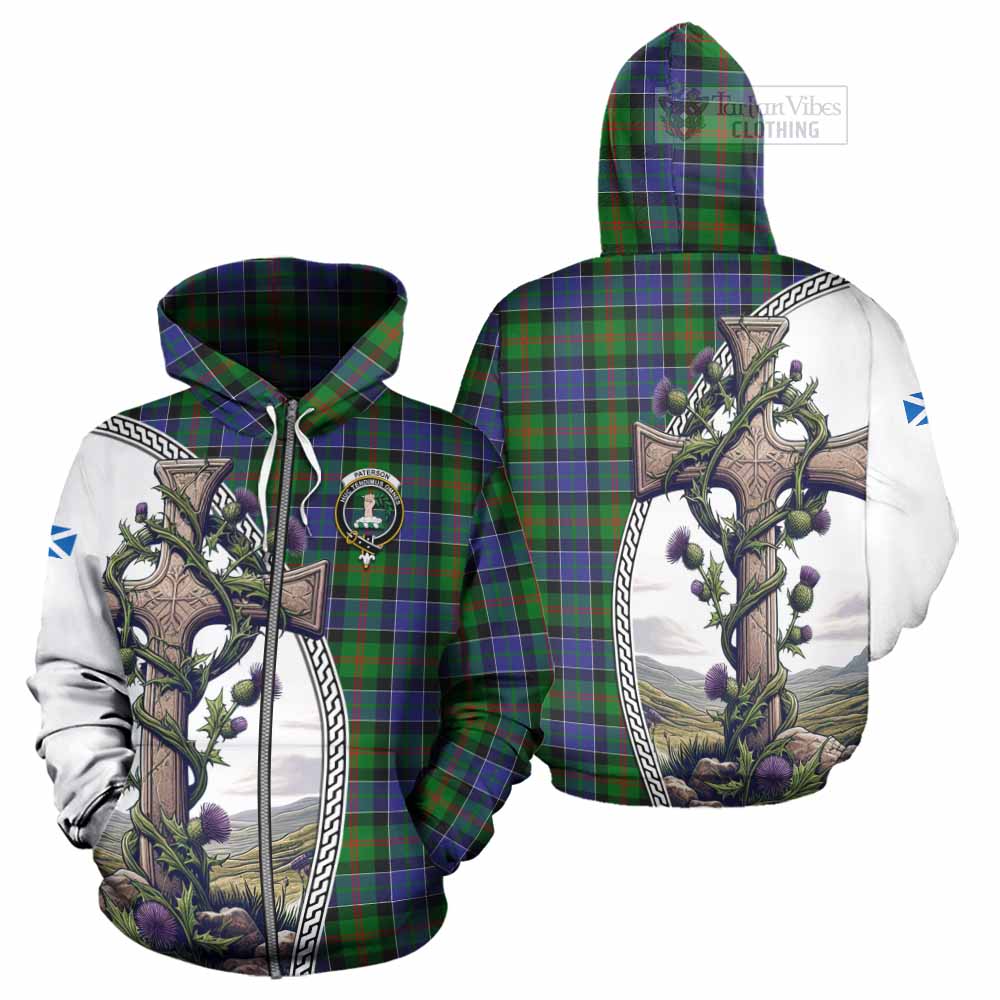 Tartan Vibes Clothing Paterson Tartan Hoodie with Family Crest and St. Andrew's Cross Accented by Thistle Vines