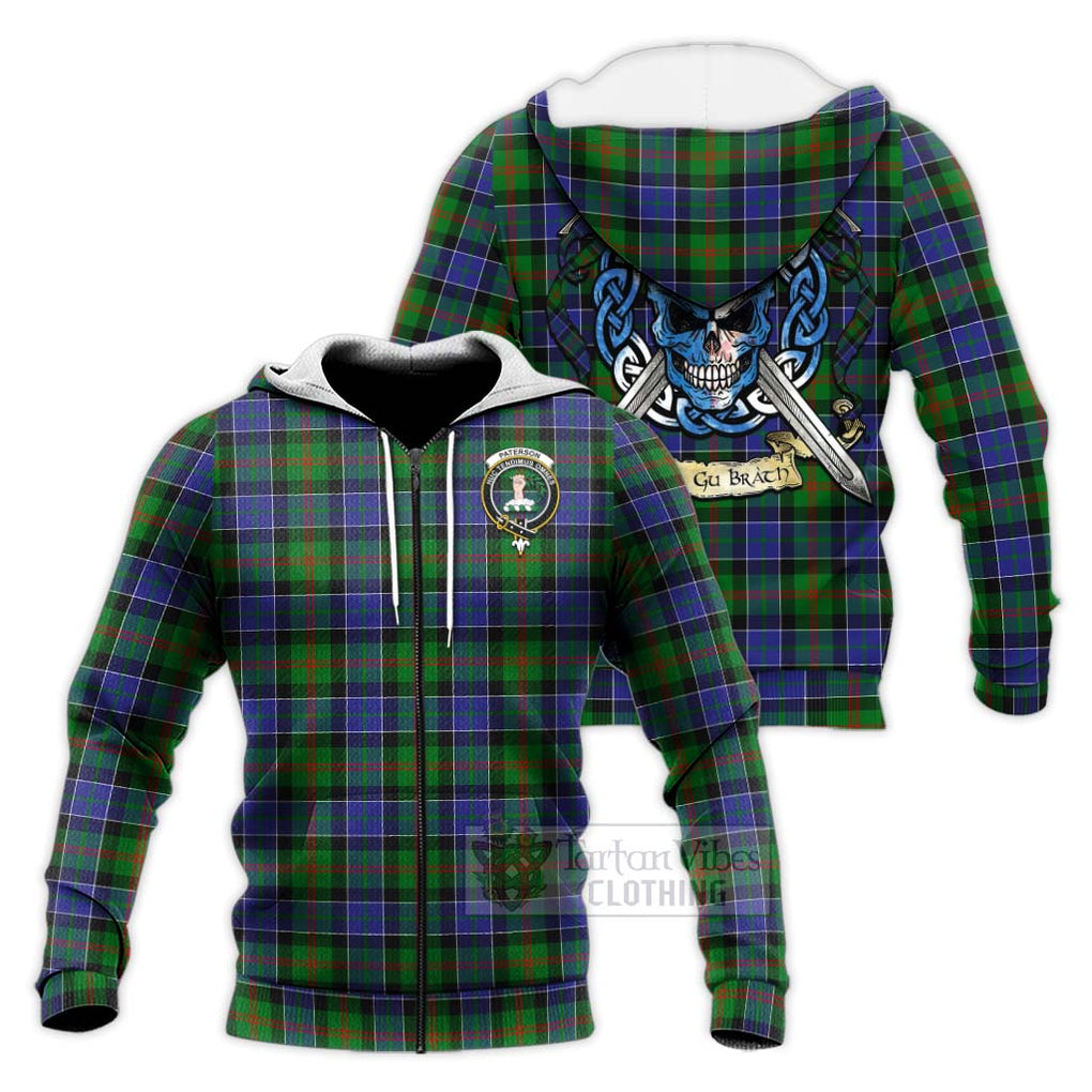 Tartan Vibes Clothing Paterson Tartan Knitted Hoodie with Family Crest Celtic Skull Style