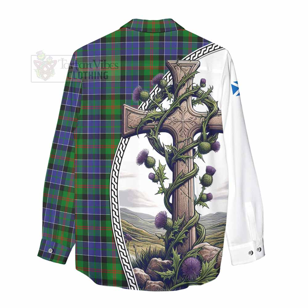 Tartan Vibes Clothing Paterson Tartan Women's Casual Shirt with Family Crest and St. Andrew's Cross Accented by Thistle Vines