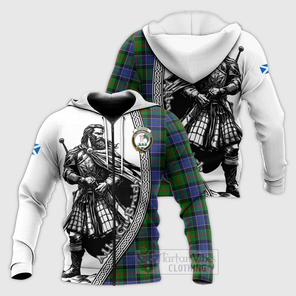 Tartan Vibes Clothing Paterson Tartan Clan Crest Knitted Hoodie with Highlander Warrior Celtic Style