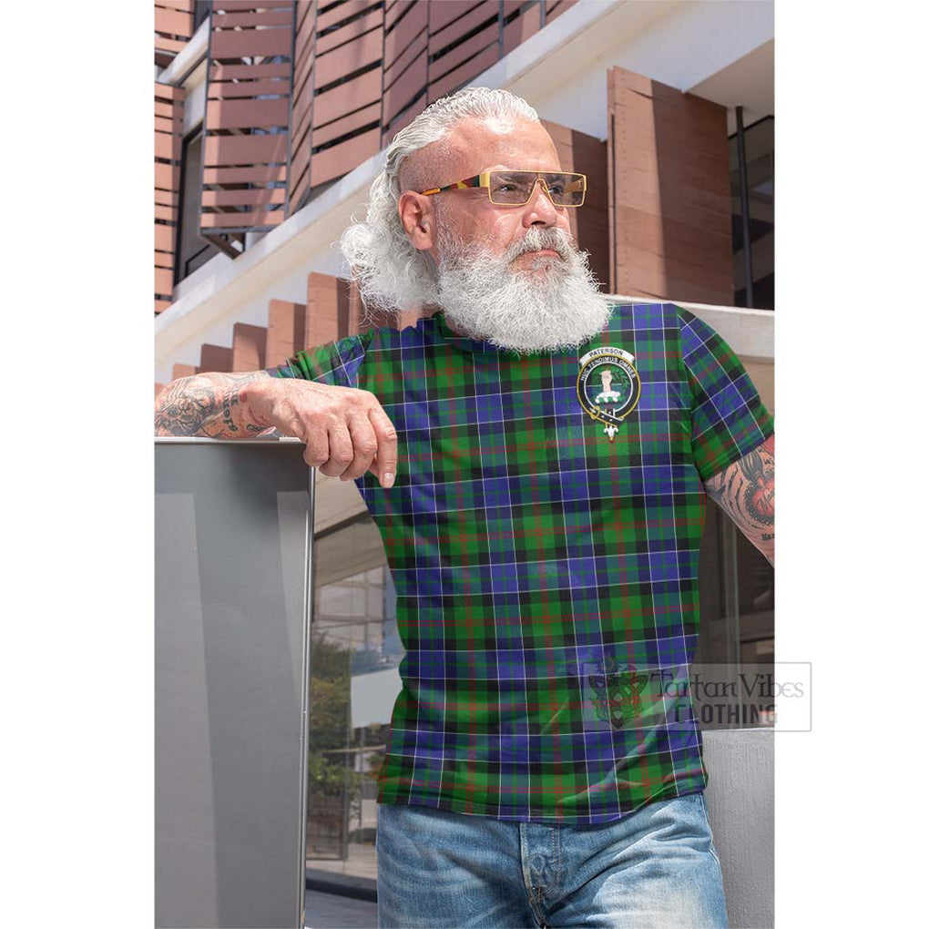 Tartan Vibes Clothing Paterson Tartan Cotton T-shirt with Family Crest and Bearded Skull Holding Bottles of Whiskey