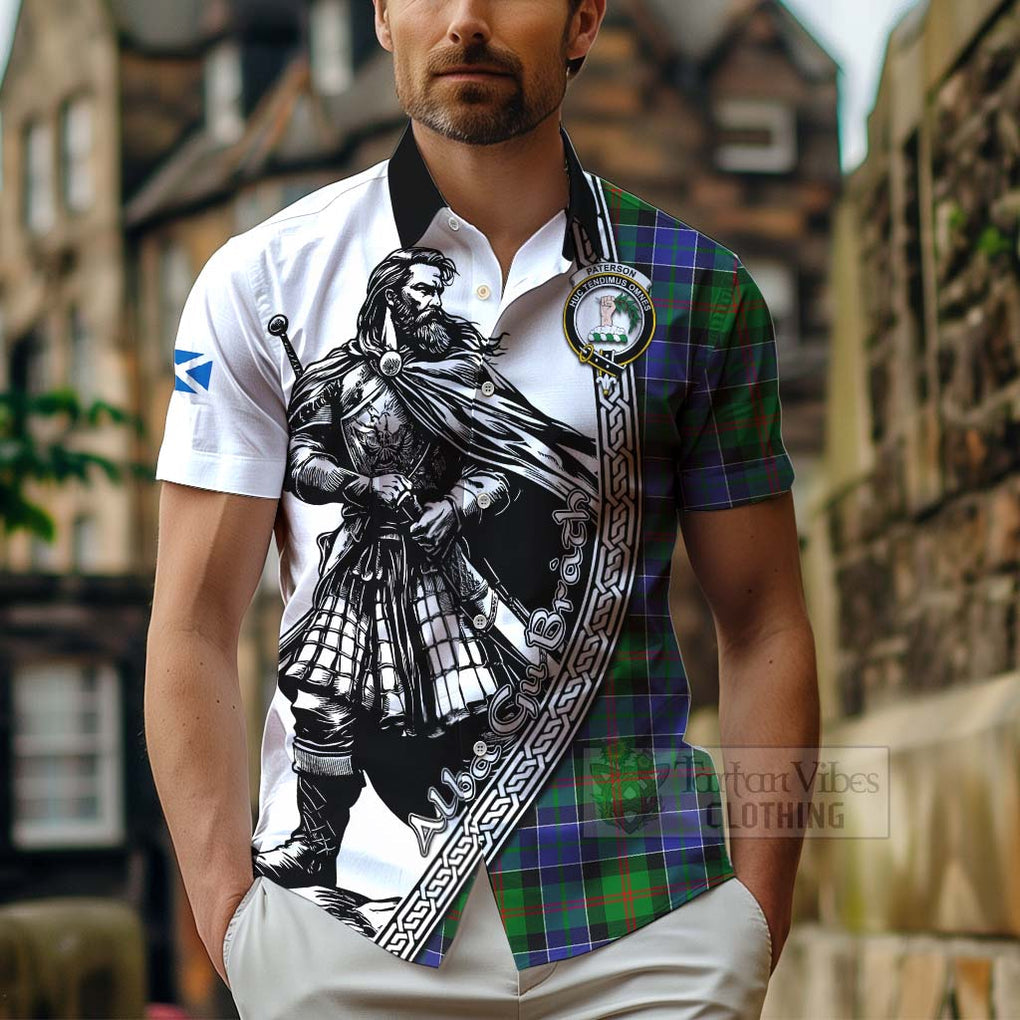 Tartan Vibes Clothing Paterson Tartan Clan Crest Short Sleeve Button Shirt with Highlander Warrior Celtic Style