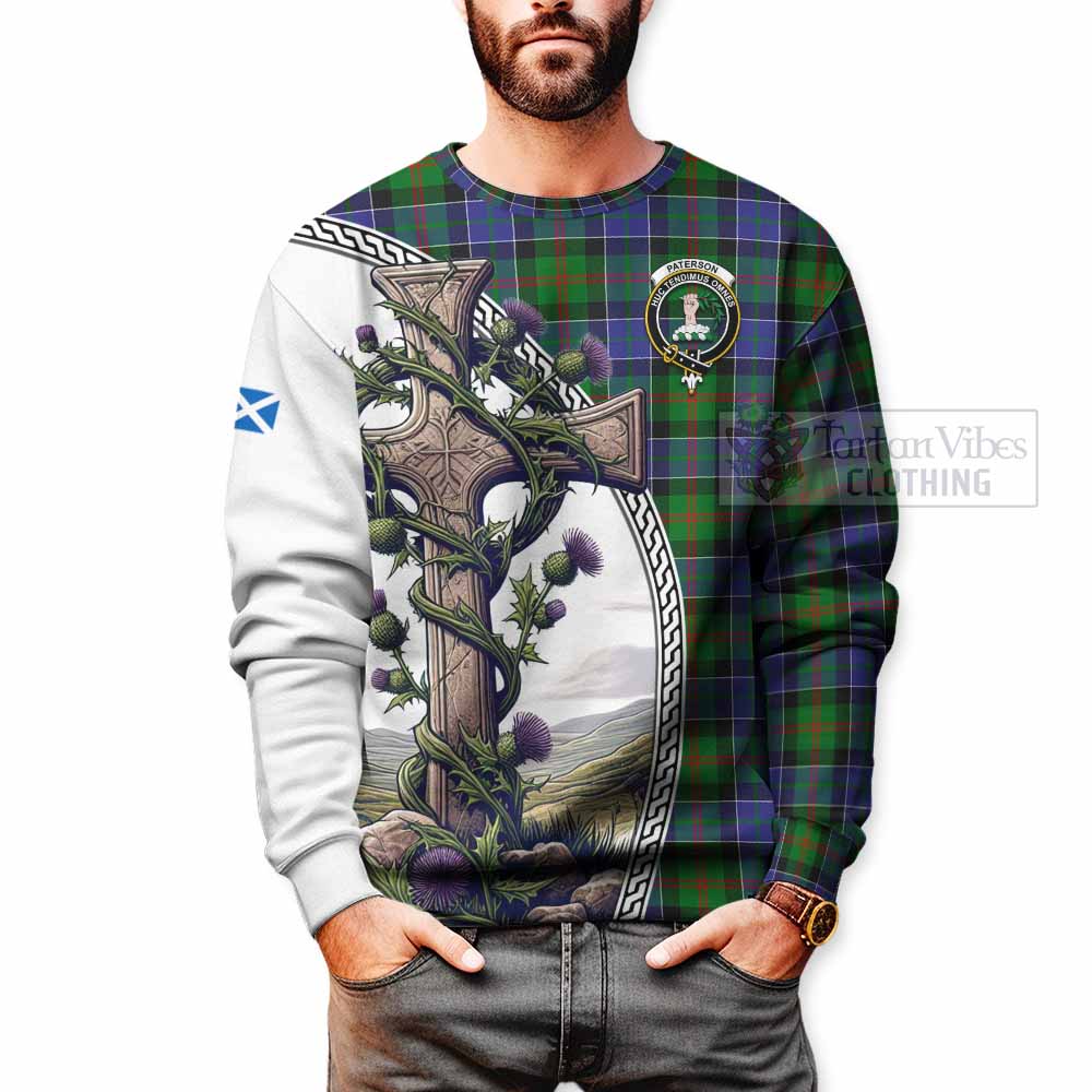 Tartan Vibes Clothing Paterson Tartan Sweatshirt with Family Crest and St. Andrew's Cross Accented by Thistle Vines