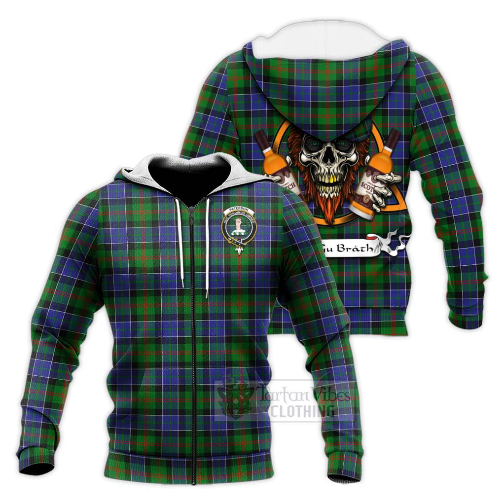 Tartan Vibes Clothing Paterson Tartan Knitted Hoodie with Family Crest and Bearded Skull Holding Bottles of Whiskey