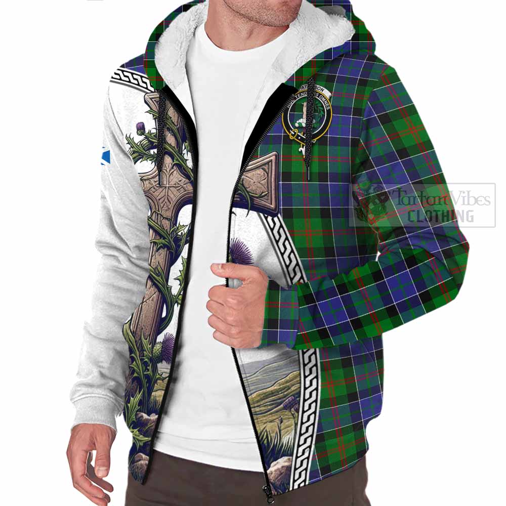 Tartan Vibes Clothing Paterson Tartan Sherpa Hoodie with Family Crest and St. Andrew's Cross Accented by Thistle Vines