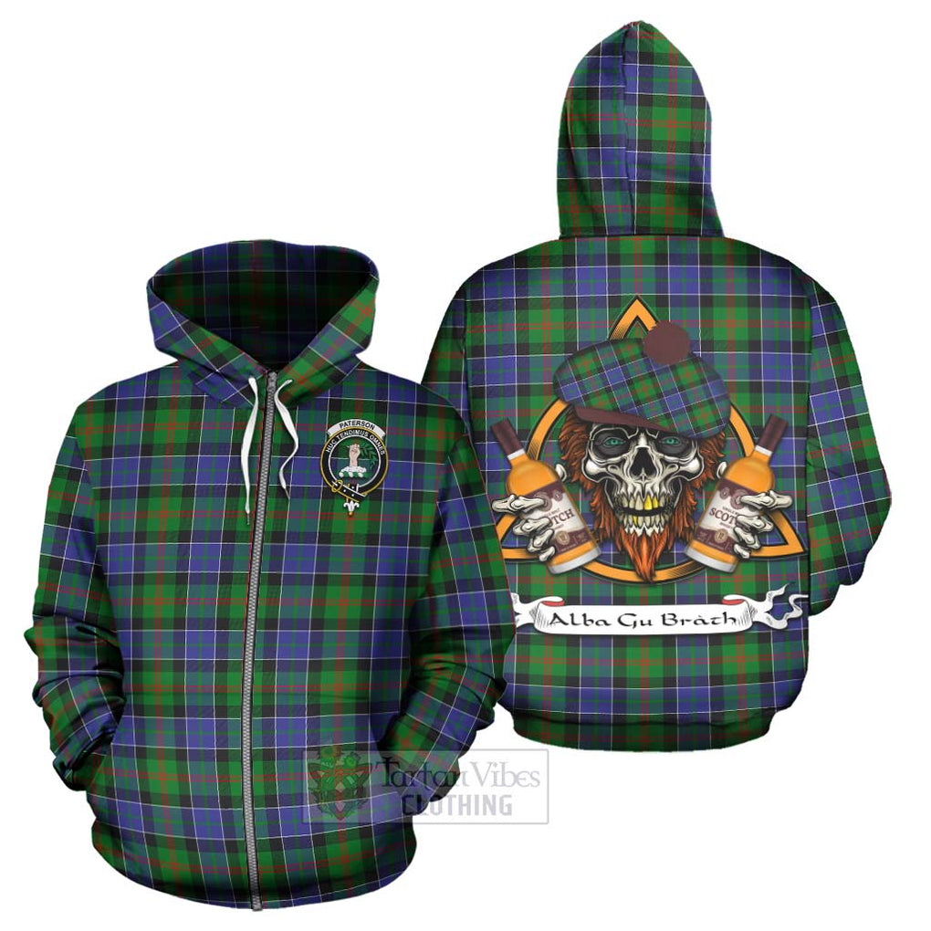 Tartan Vibes Clothing Paterson Tartan Hoodie with Family Crest and Bearded Skull Holding Bottles of Whiskey