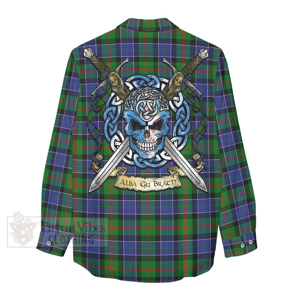 Tartan Vibes Clothing Paterson Tartan Women's Casual Shirt with Family Crest Celtic Skull Style